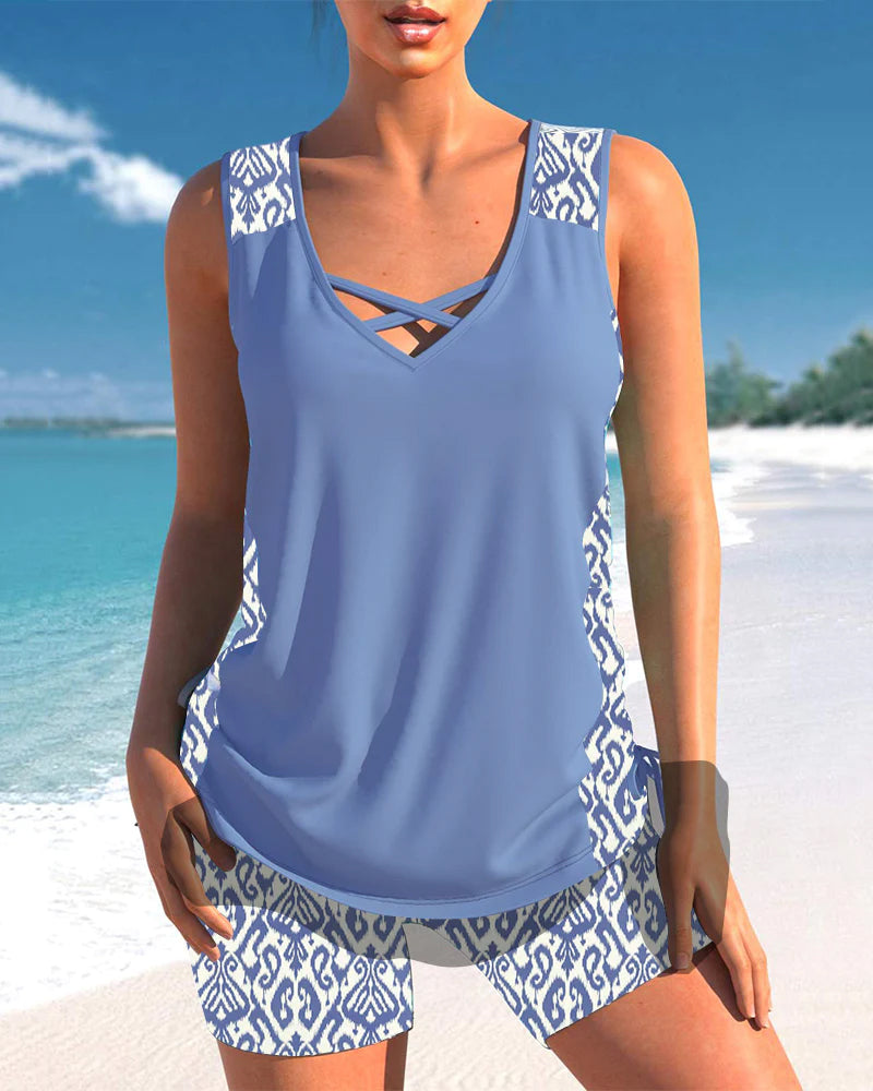 Bienna Tankini Femme – Design Géométrique avec Couvrance Totale & Coupe Confortable