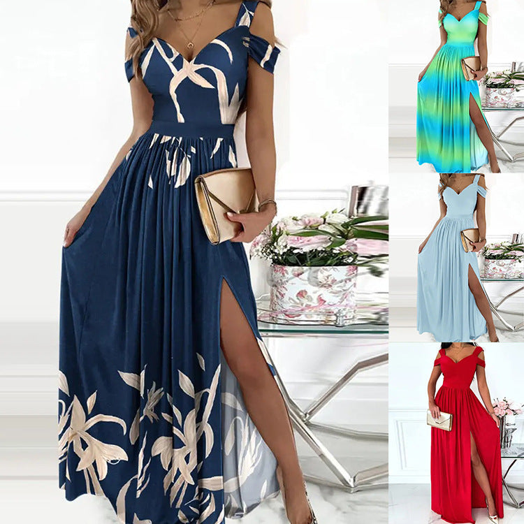 Antonella Robe Longue Élégante Femme – Robe Épaules Dénudées à Motif Fleuri & Fente Chic