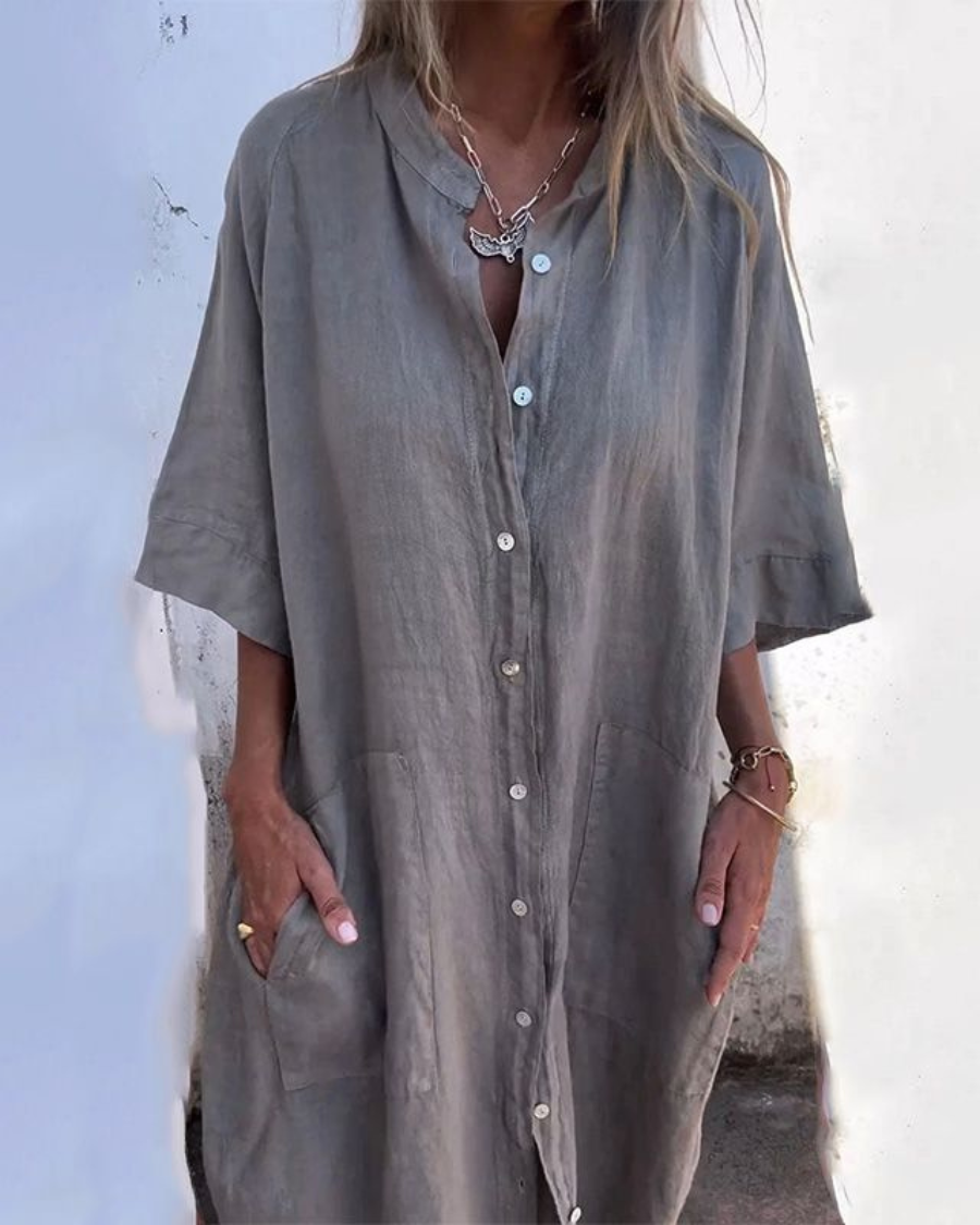 Abito lungo da donna Meiva - Abito camicia in cotone e lino arioso con bottoni e orlo lungo