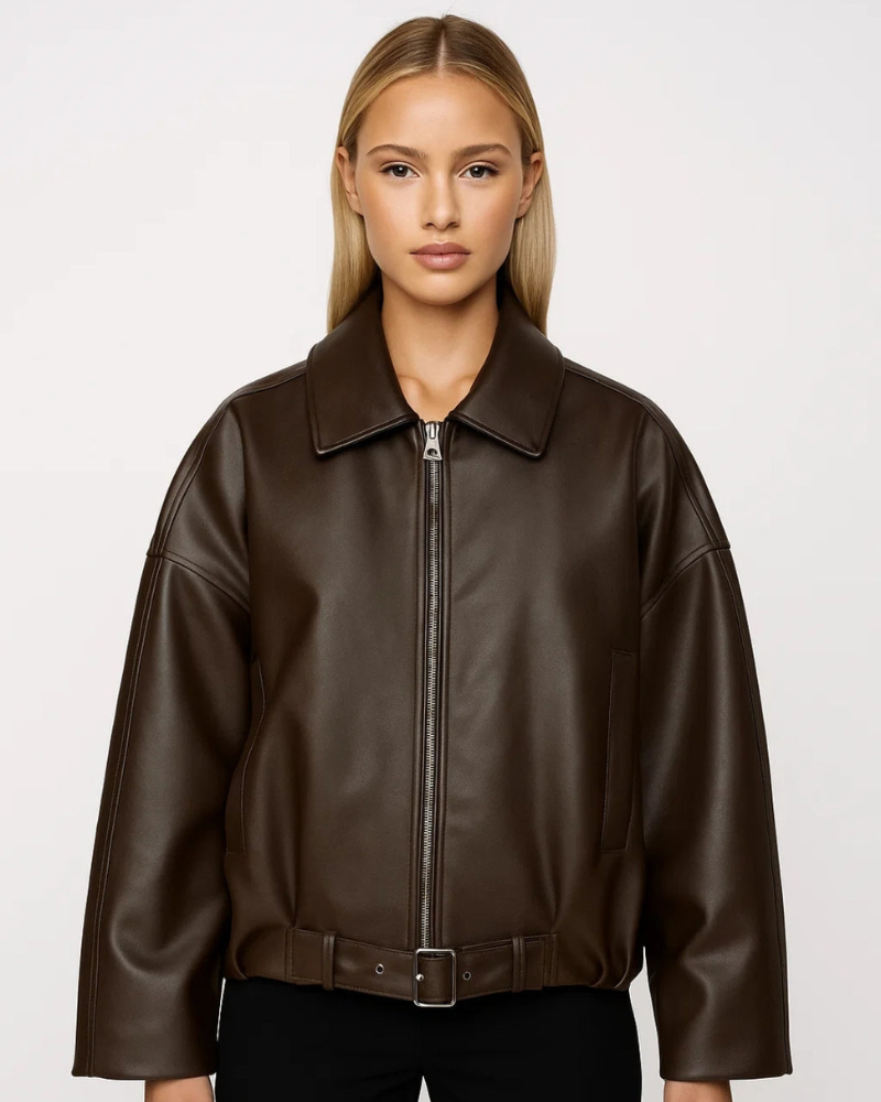 Nina Kurtka Oversize Damska – Zamek Błyskawiczny z Przodu, Wbudowany Pasek i Nowoczesny Styl Skórzany