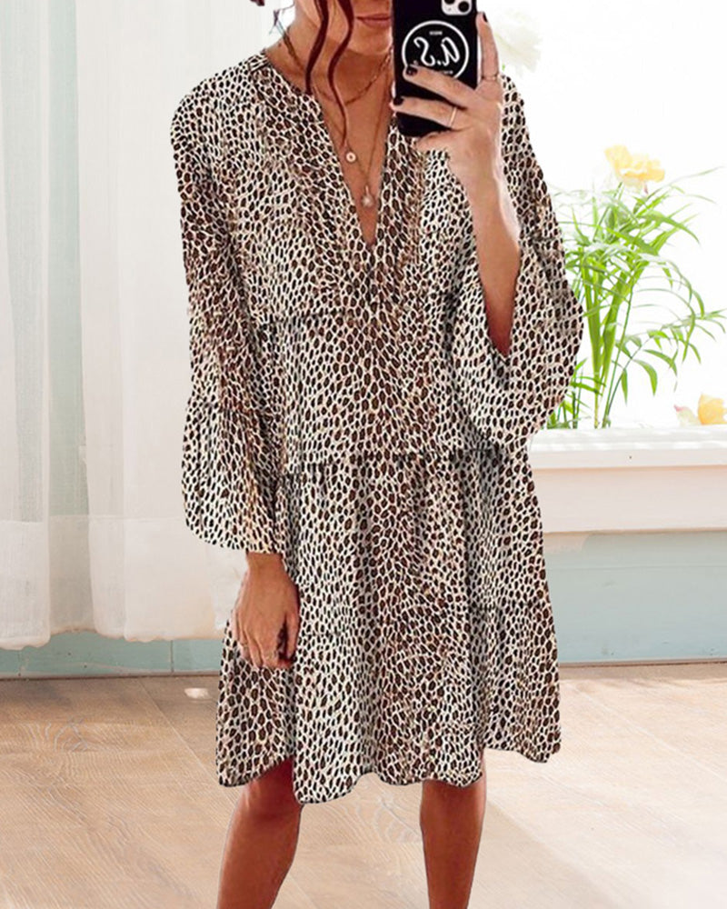 Avelyn Robe d'Été Femme – Robe Ample à Imprimé Léopard, Manches Bouffantes & Col en V Élégant