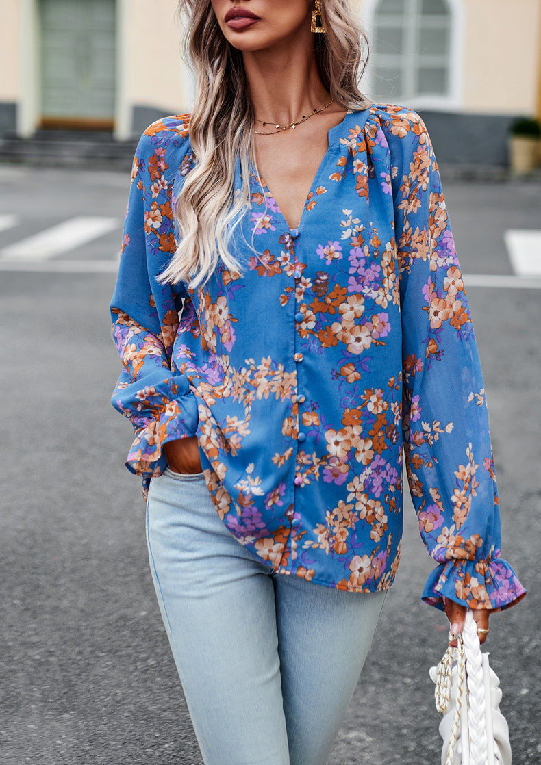 Aaliyah Blouse Femme – Haut Floral Léger à Manches Longues & Col en V pour Style Élégant