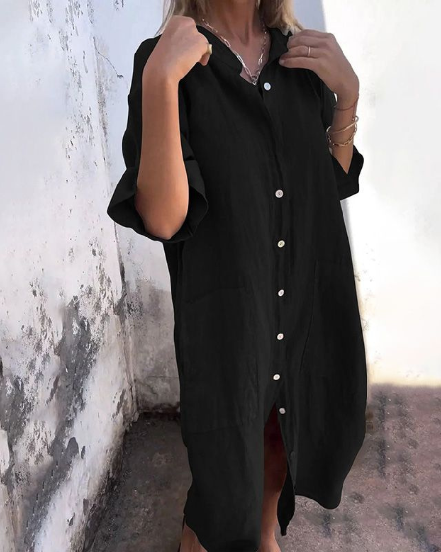 Abito lungo da donna Meiva - Abito camicia in cotone e lino arioso con bottoni e orlo lungo