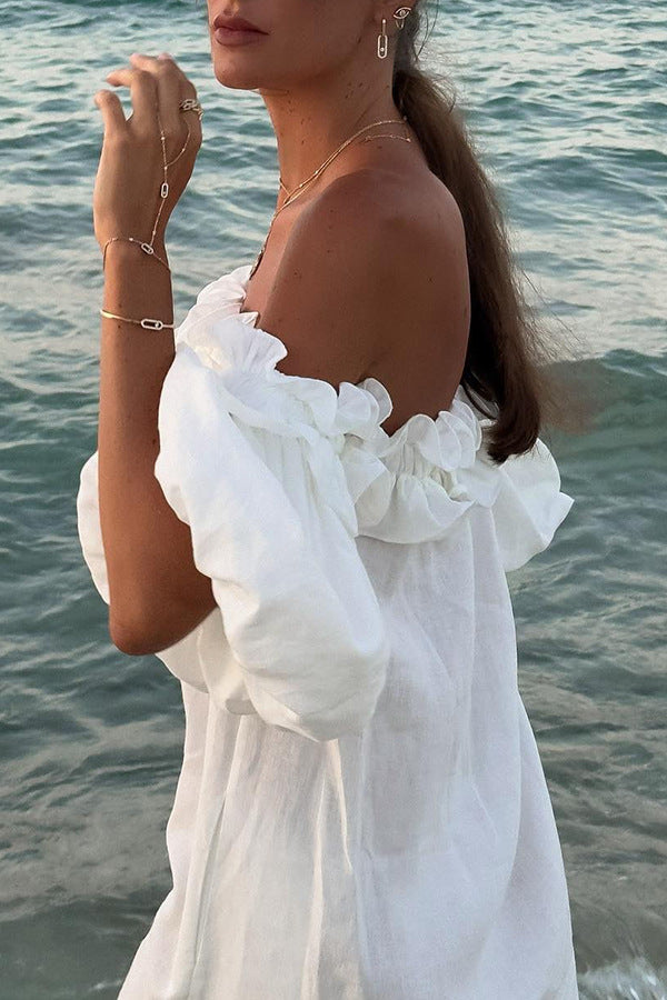 Abito lungo da donna Valentina – Abito in cotone boho con spalle scoperte, volant e scollo Bardot