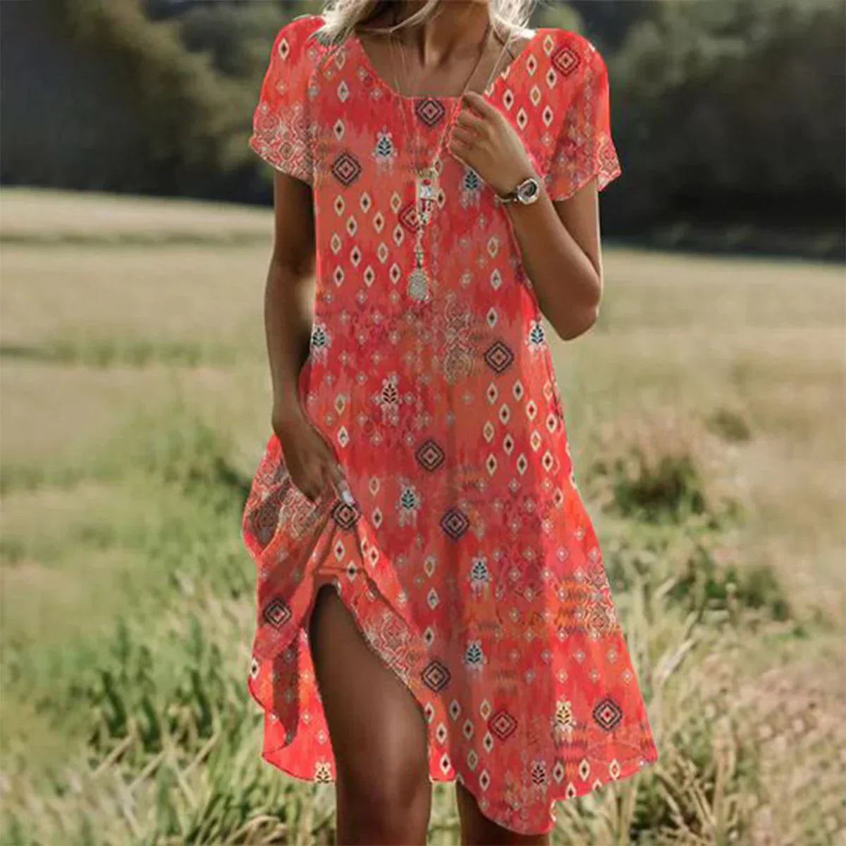 Aria Robe Midi Femme – Robe Orange à Manches Courtes, Col Rond & Confort Élégant