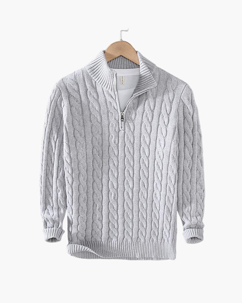 Pull Kiel Homme à Demi-Zip en Maille Torsadée – Pull Élégant à Col Montant en Mélange de Laine au Style Classique
