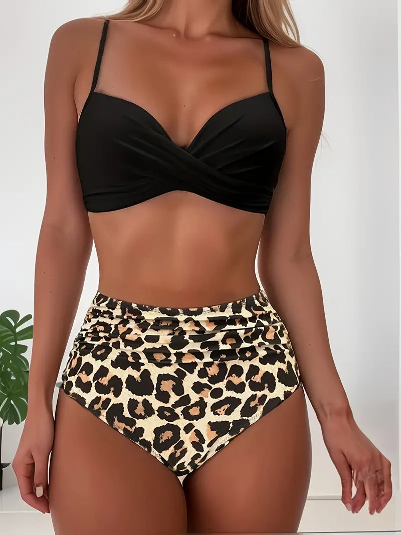 Ensemble de bikinis pour femmes Cea - Maillot de bain tropical à col en V avec taille haute et coupe flatteuse