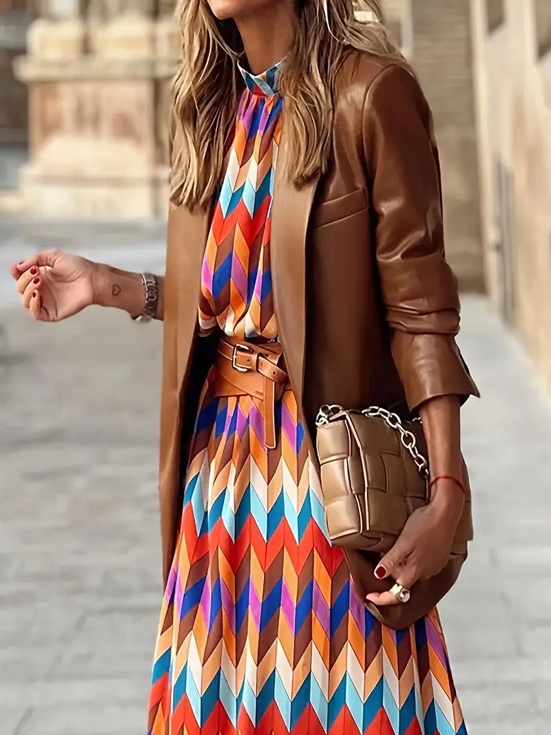 Molly Robe Femme – Élégante Robe Midi avec Manches Bouffantes, Imprimé Intégral & Col Montant