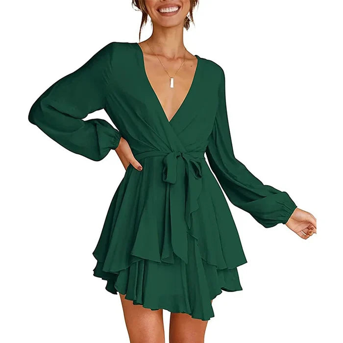 Cléo Robe Femme Courte – Robe Évasée avec Col en V, Ceinture & Manches Longues