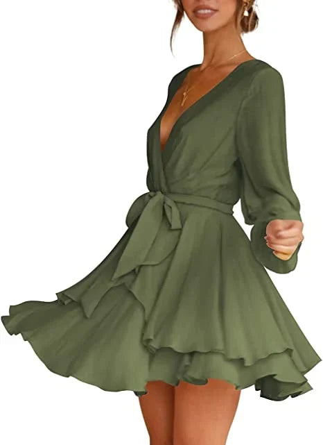Cléo Robe Femme Courte – Robe Évasée avec Col en V, Ceinture & Manches Longues