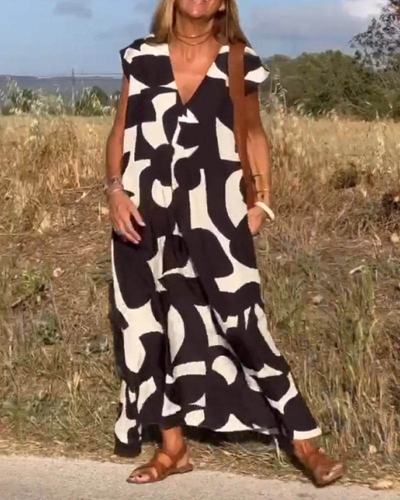 Abito ampio da donna Sita - Stampa astratta in bianco e nero con scollatura a V profonda