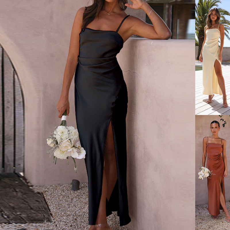 Abito da sera da donna Lucille - Elegante abito in raso nero con spacco per occasioni chic