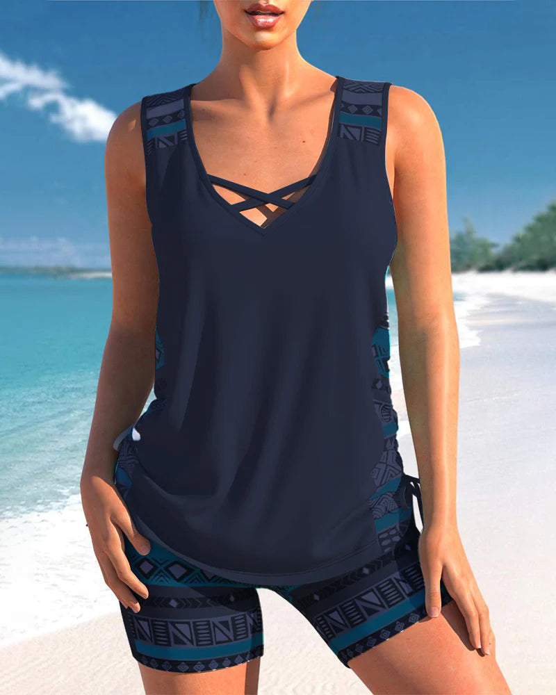 Bienna Tankini Femme – Design Géométrique avec Couvrance Totale & Coupe Confortable