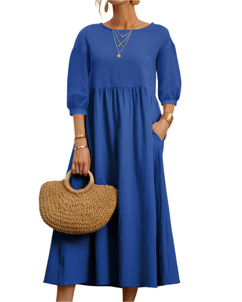 Abito midi da donna Flore - Cotone e lino traspirante, scollo rotondo, maniche a lanterna, comfort estivo
