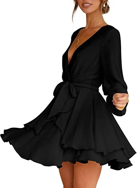Cléo Robe Femme Courte – Robe Évasée avec Col en V, Ceinture & Manches Longues