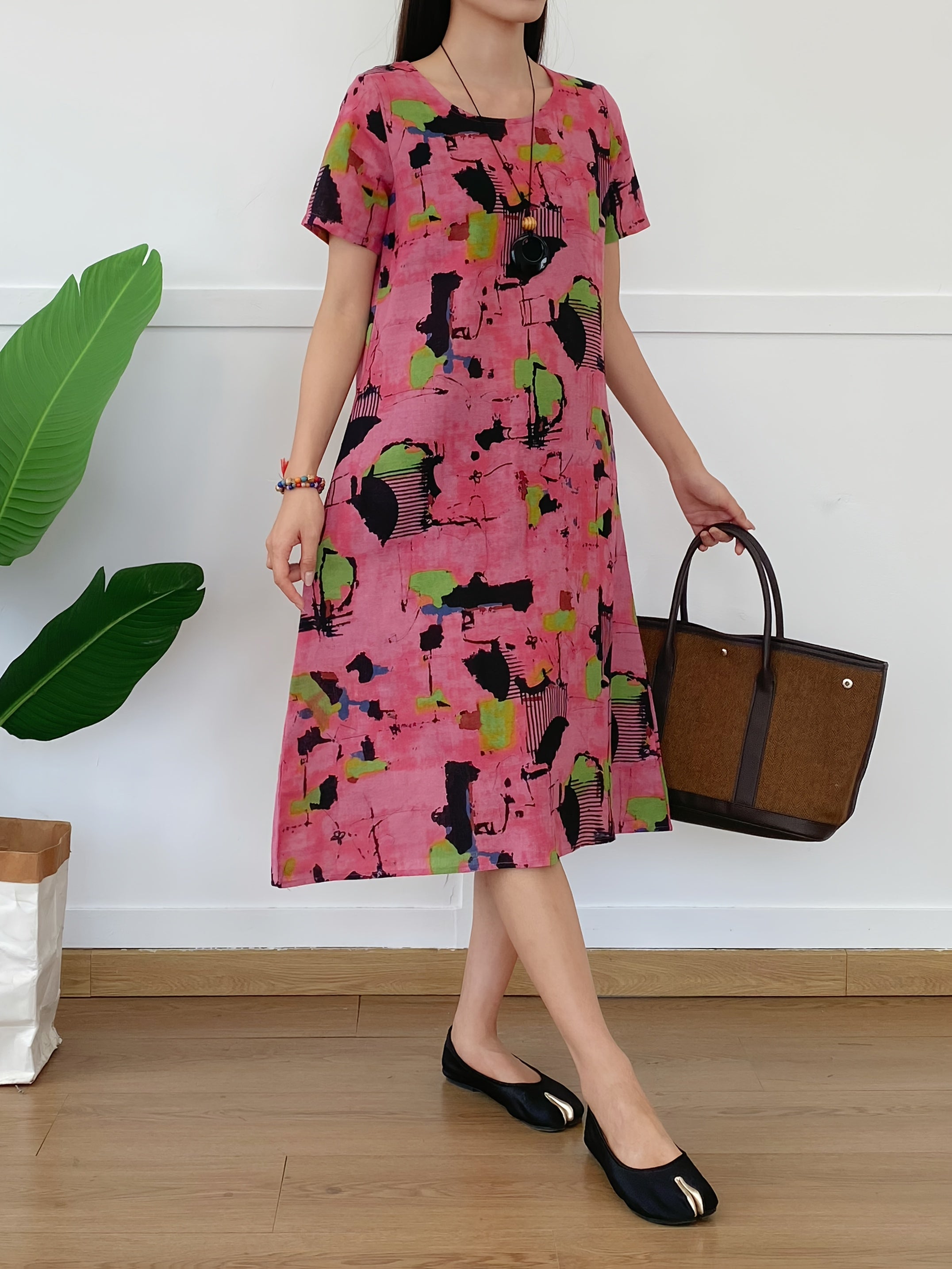Robe d'Été Joy pour Femme – Robe Midi Aérienne en Lin Mélangé avec Col Rond et Poches