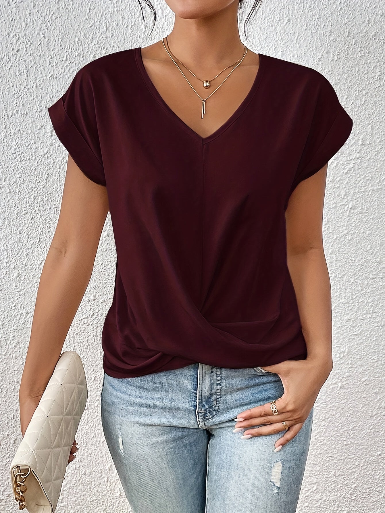 Top da donna Yasmine – Scollo a V con fiocco, drappeggio elegante e vestibilità comoda
