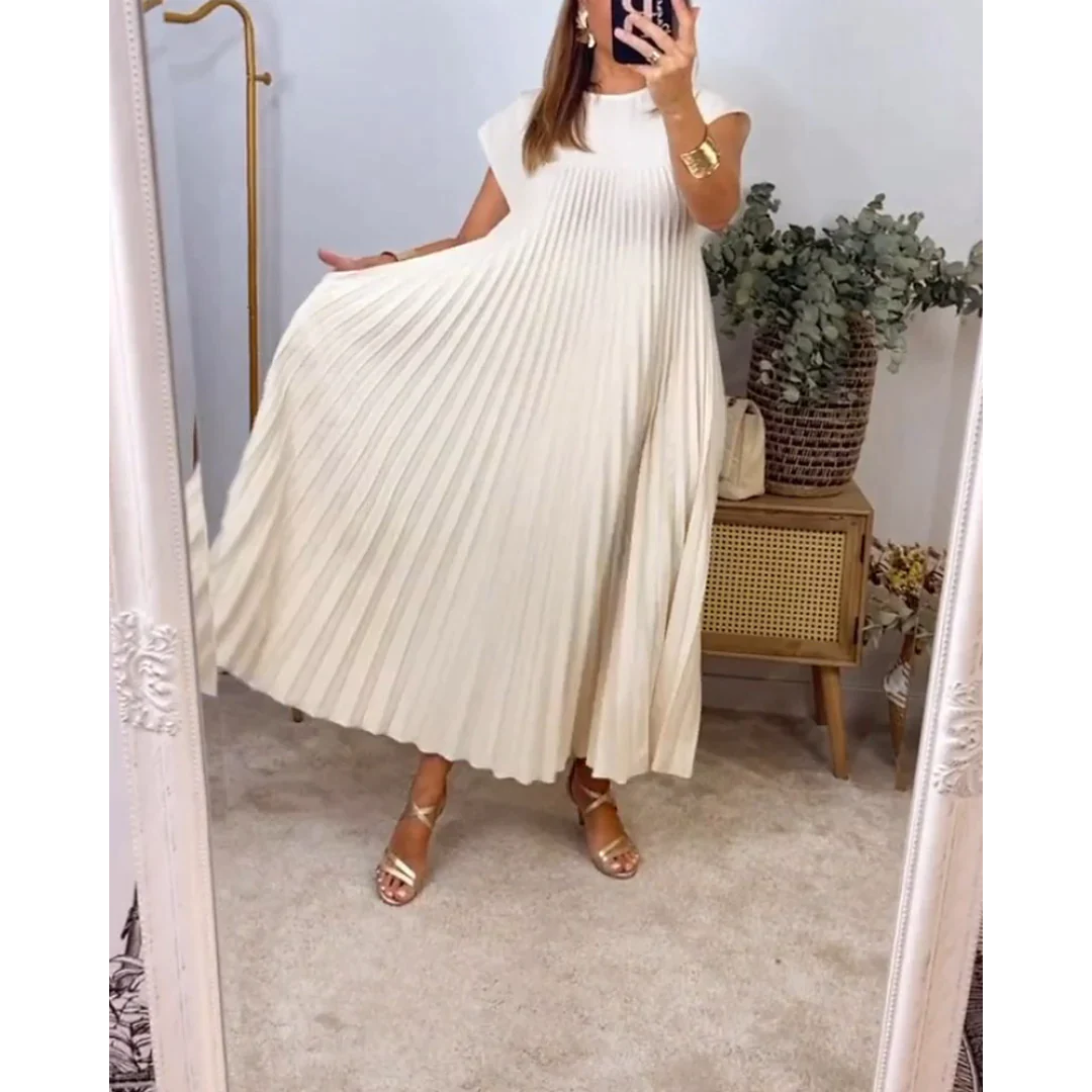 Esther Robe Sans Manches Femme – Robe Plissée Élégante Unicolore pour l’Été & les Sorties Chic