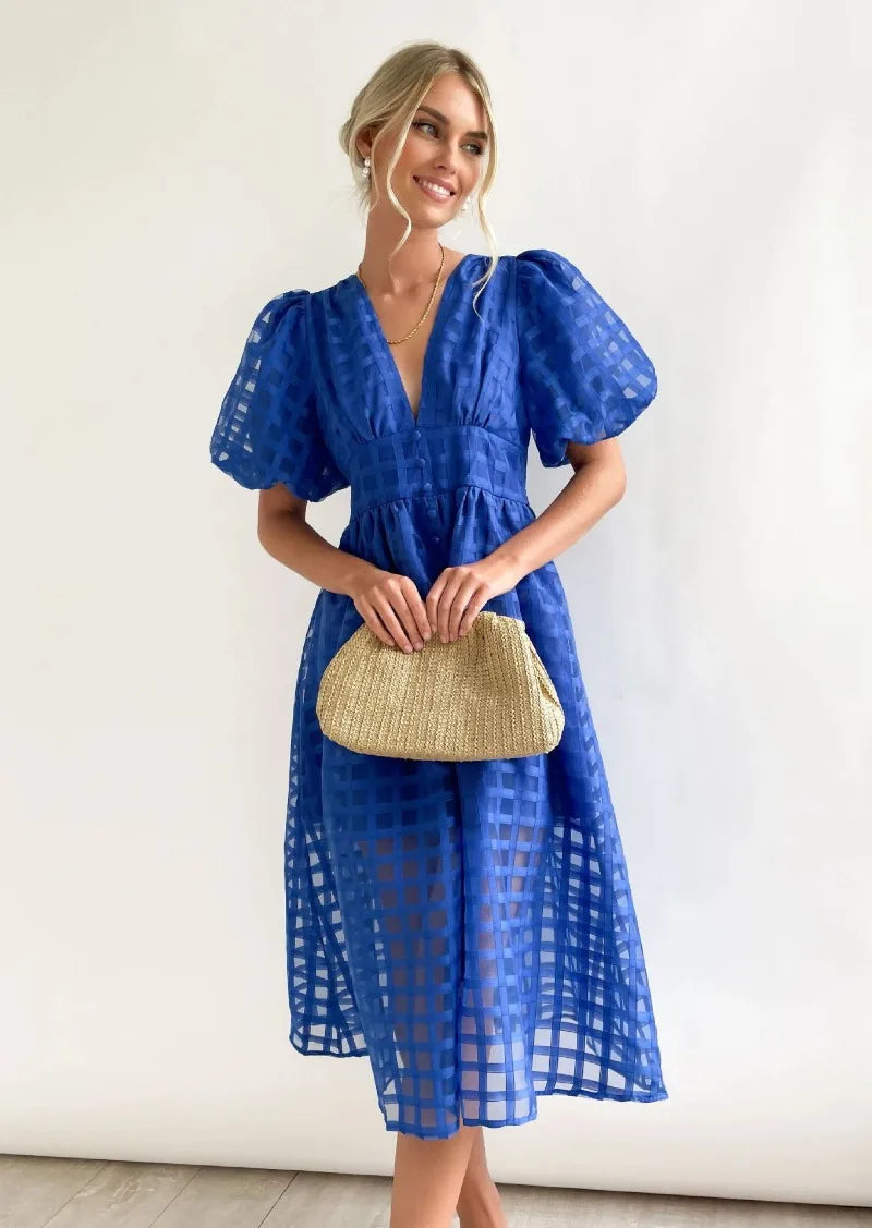 Abito midi da donna Mylene - Elegante abito a quadri con volume e colori vivaci