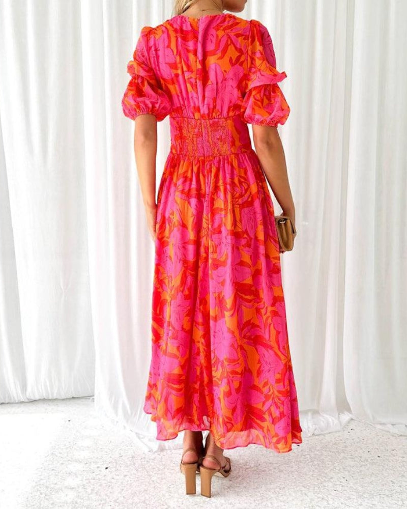 Abito classico da donna Dorothy – Scollo a V e maniche a sbuffo in elegante rosso rosa