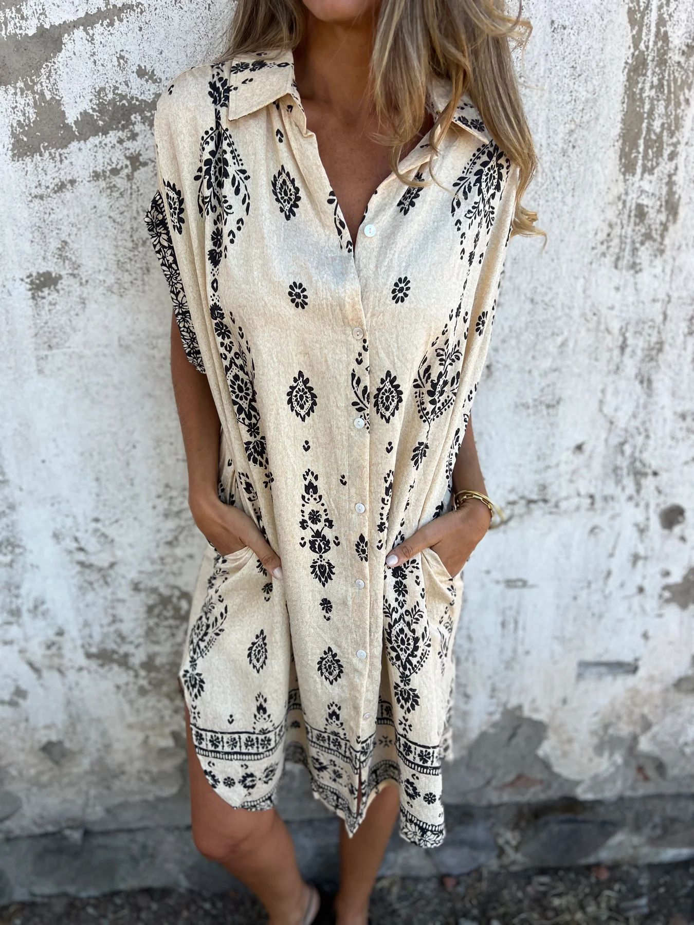 Abito estivo da donna Grace - Abito in cotone e lino con maniche corte, tasche e vestibilità a trapezio
