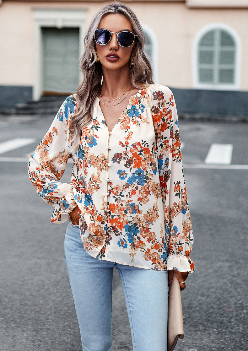 Aaliyah Blouse Femme – Haut Floral Léger à Manches Longues & Col en V pour Style Élégant