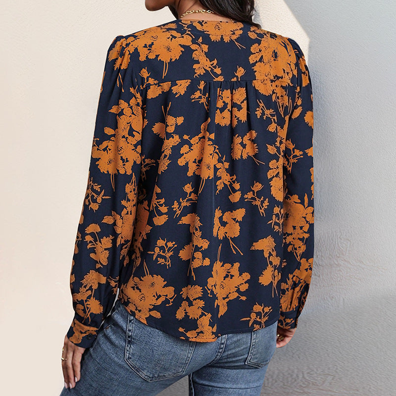 Sadie Blouse Femme – Haut Léger à Col en V avec Imprimé & Manches Longues pour un Style d’Automne