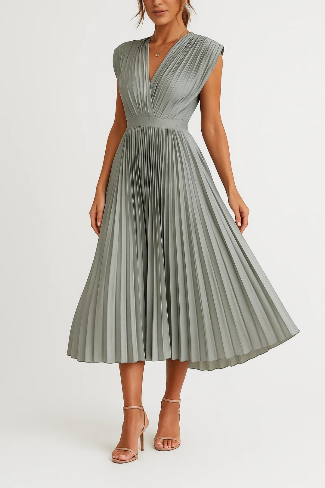 Abito da donna Xiomara – Elegante abito midi plissettato con scollo a V e vita stretta