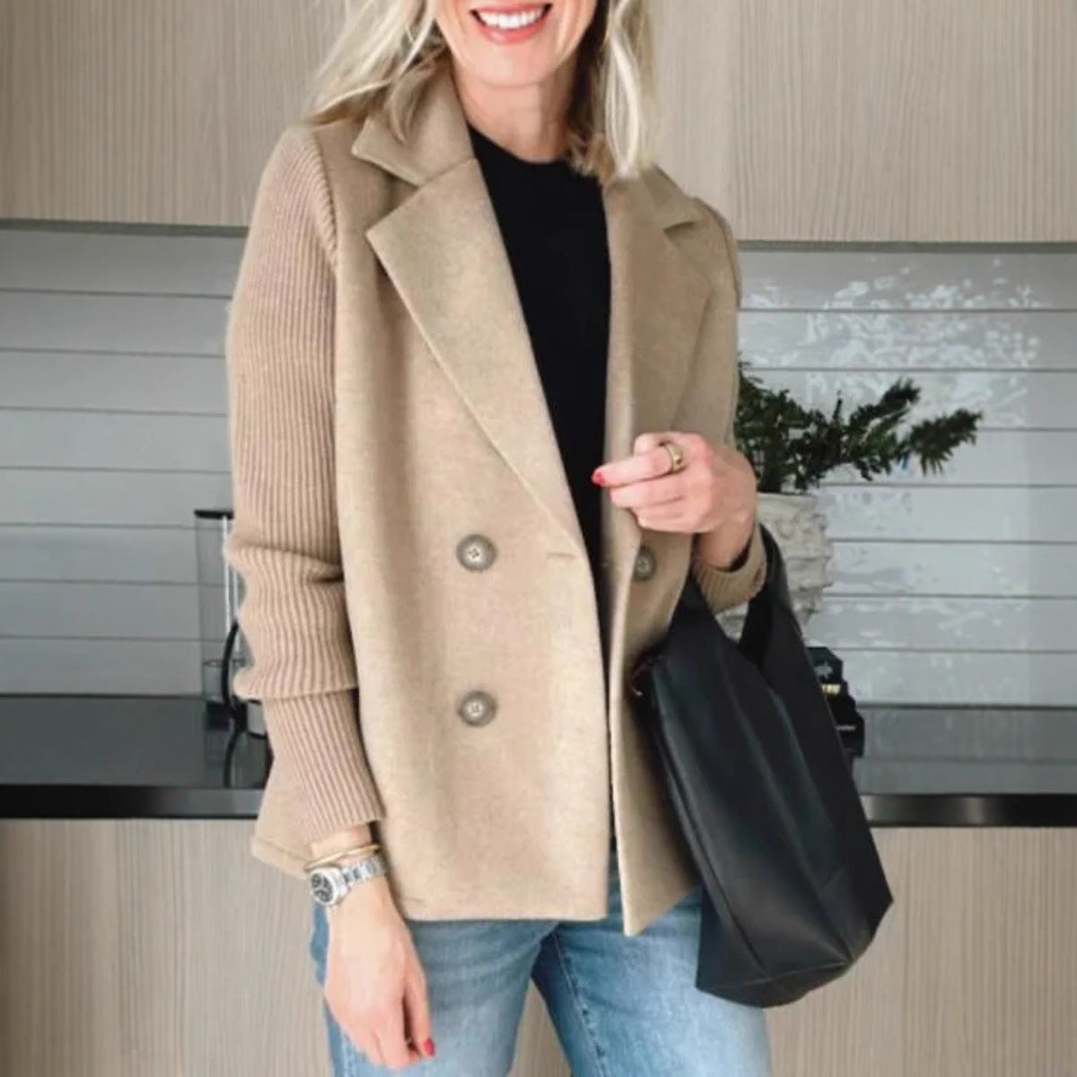 Elena Manteau Oversize Femme – Manteau Laine Double-Boutonnage avec Manches Côtelées Élégantes