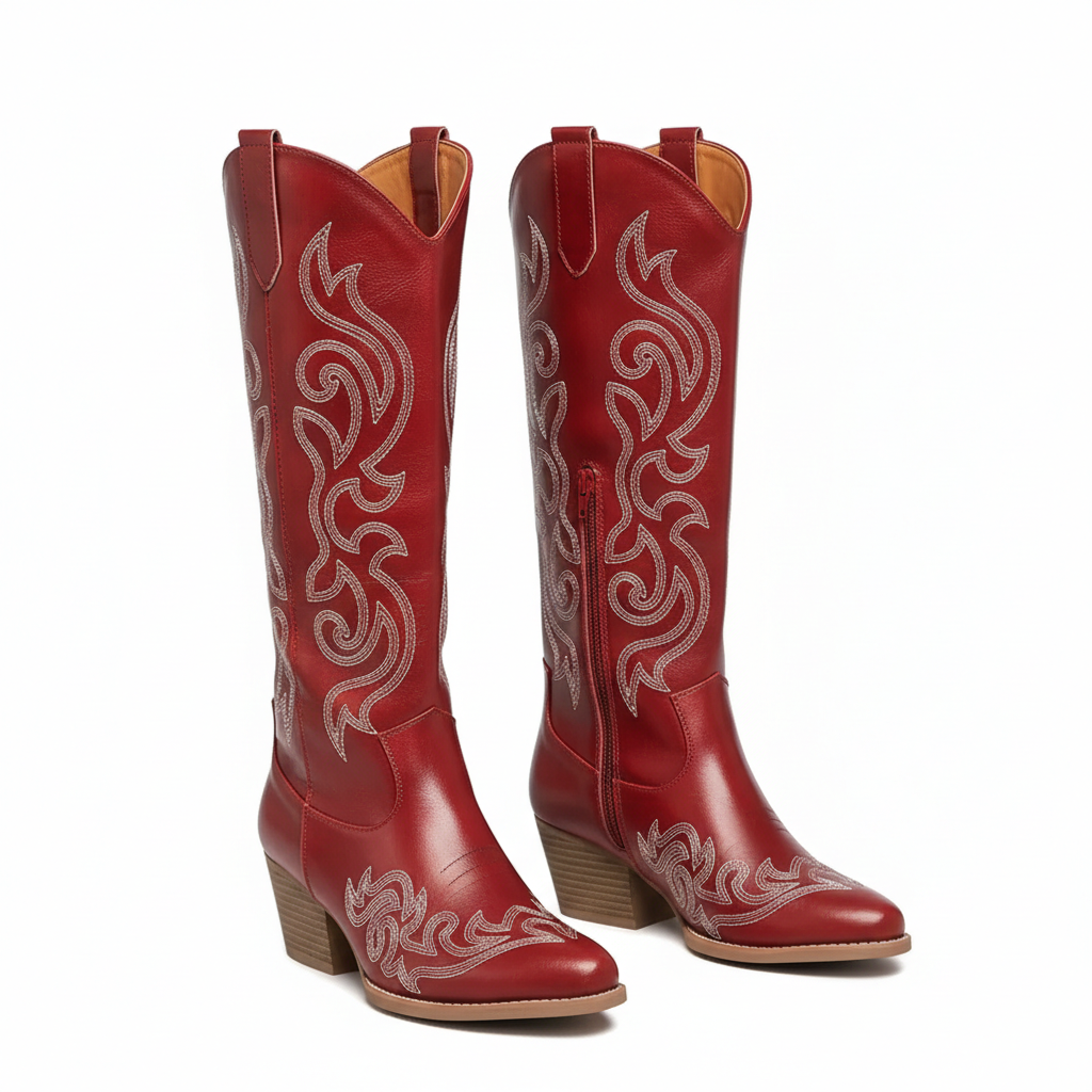 Anneza Čizme Kaubojke Ženske – Visoke Zapadne Čizme Izvezene s Mekim Gornjim Dijelom