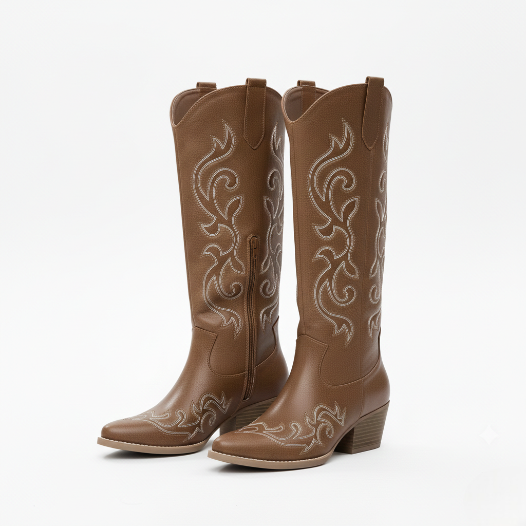 Anneza Čizme Kaubojke Ženske – Visoke Zapadne Čizme Izvezene s Mekim Gornjim Dijelom