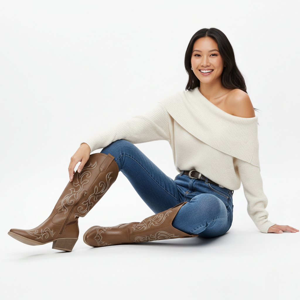Anneza Čizme Kaubojke Ženske – Visoke Zapadne Čizme Izvezene s Mekim Gornjim Dijelom