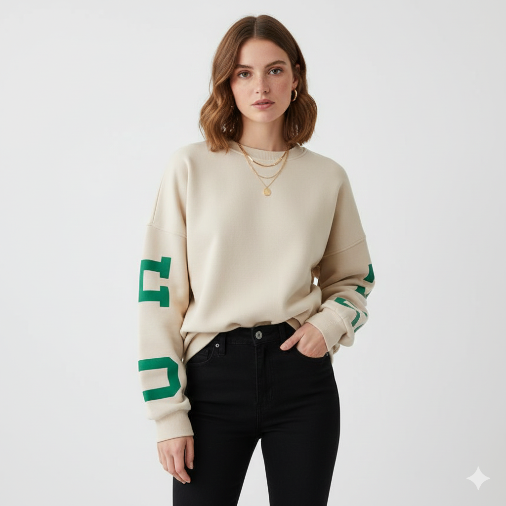 Felpa Oversize Arvery Donna – Maglione in Cotone con Maniche Grafiche e Collo Tondo