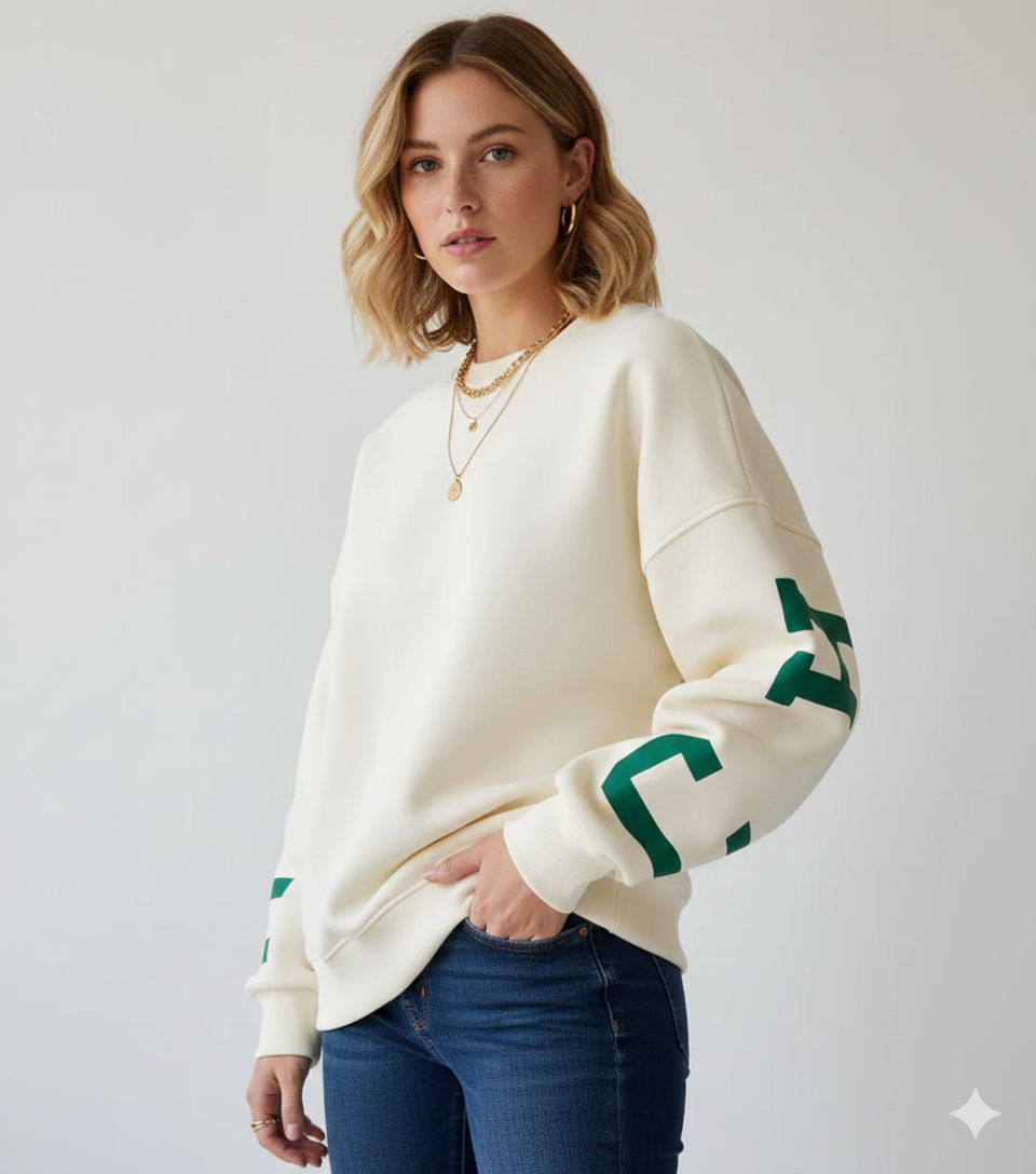 Felpa Oversize Arvery Donna – Maglione in Cotone con Maniche Grafiche e Collo Tondo