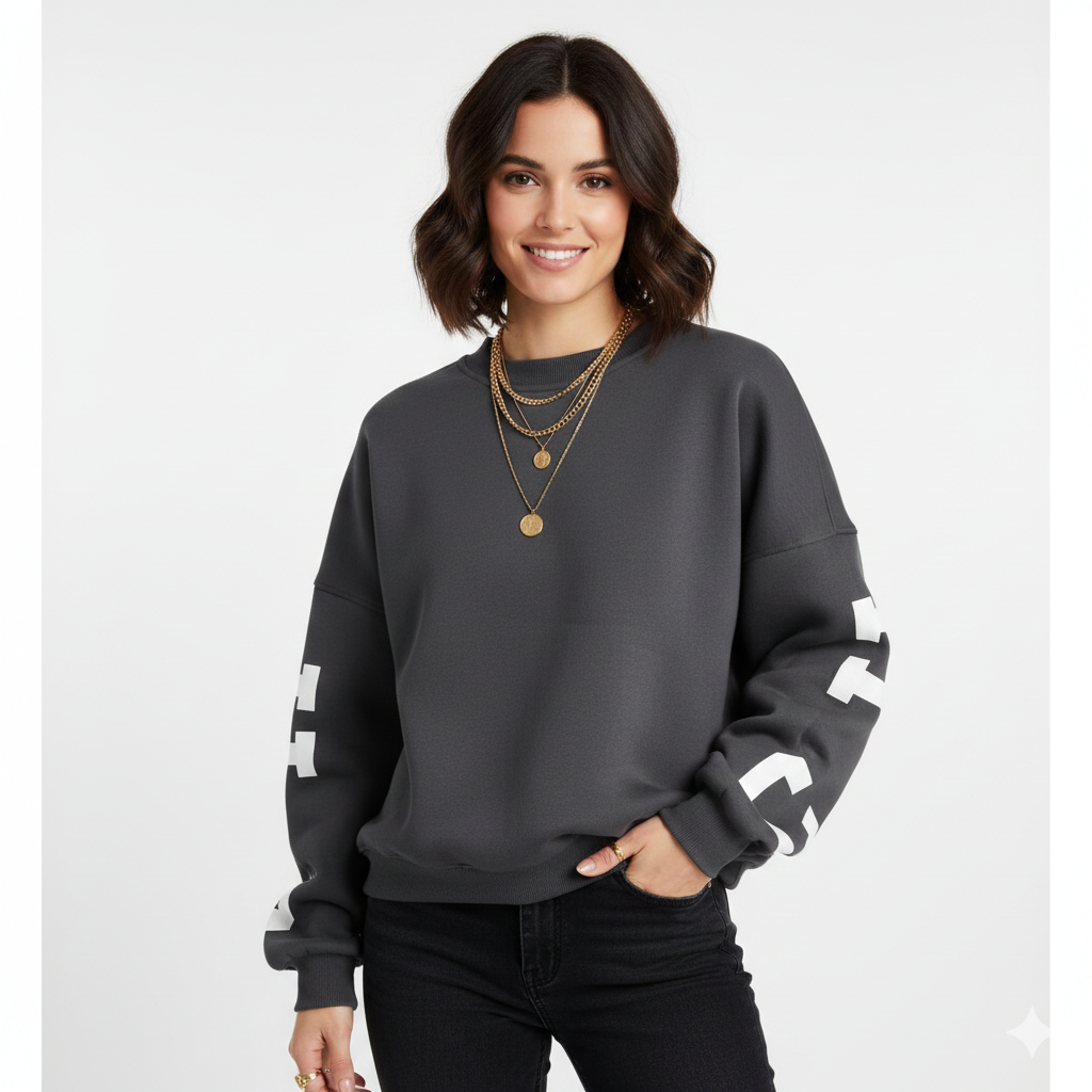 Felpa Oversize Arvery Donna – Maglione in Cotone con Maniche Grafiche e Collo Tondo