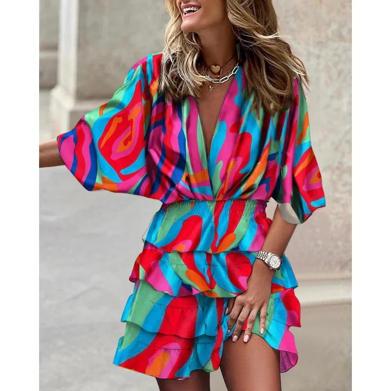 Robe d'Été Femme Anastasia – Robe à Manches Courtes et Col en V avec Taille Élastique pour les Journées Chaudes