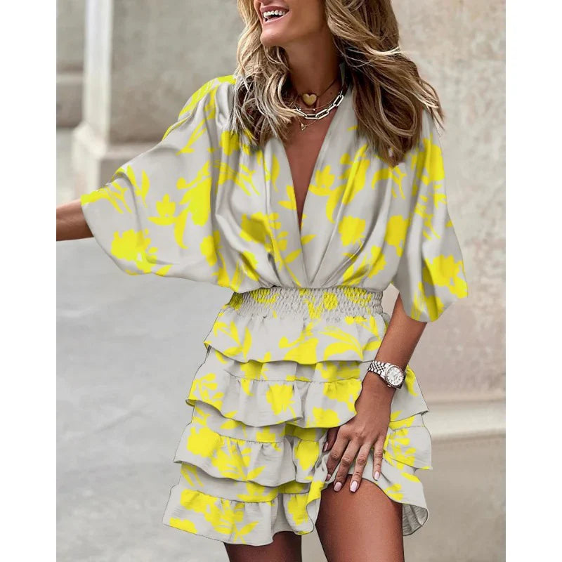 Robe d'Été Femme Anastasia – Robe à Manches Courtes et Col en V avec Taille Élastique pour les Journées Chaudes