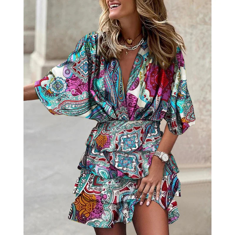 Robe d'Été Femme Anastasia – Robe à Manches Courtes et Col en V avec Taille Élastique pour les Journées Chaudes