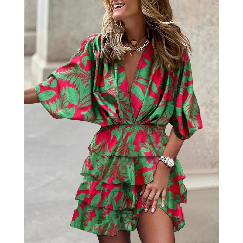 Robe d'Été Femme Anastasia – Robe à Manches Courtes et Col en V avec Taille Élastique pour les Journées Chaudes