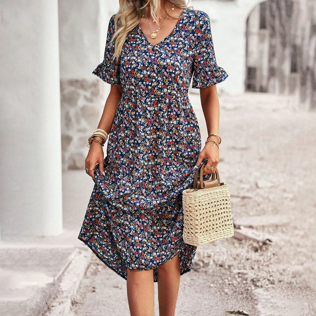 Abito midi da donna Celia - Abito floreale bohémien con taglio leggero e stile elegante