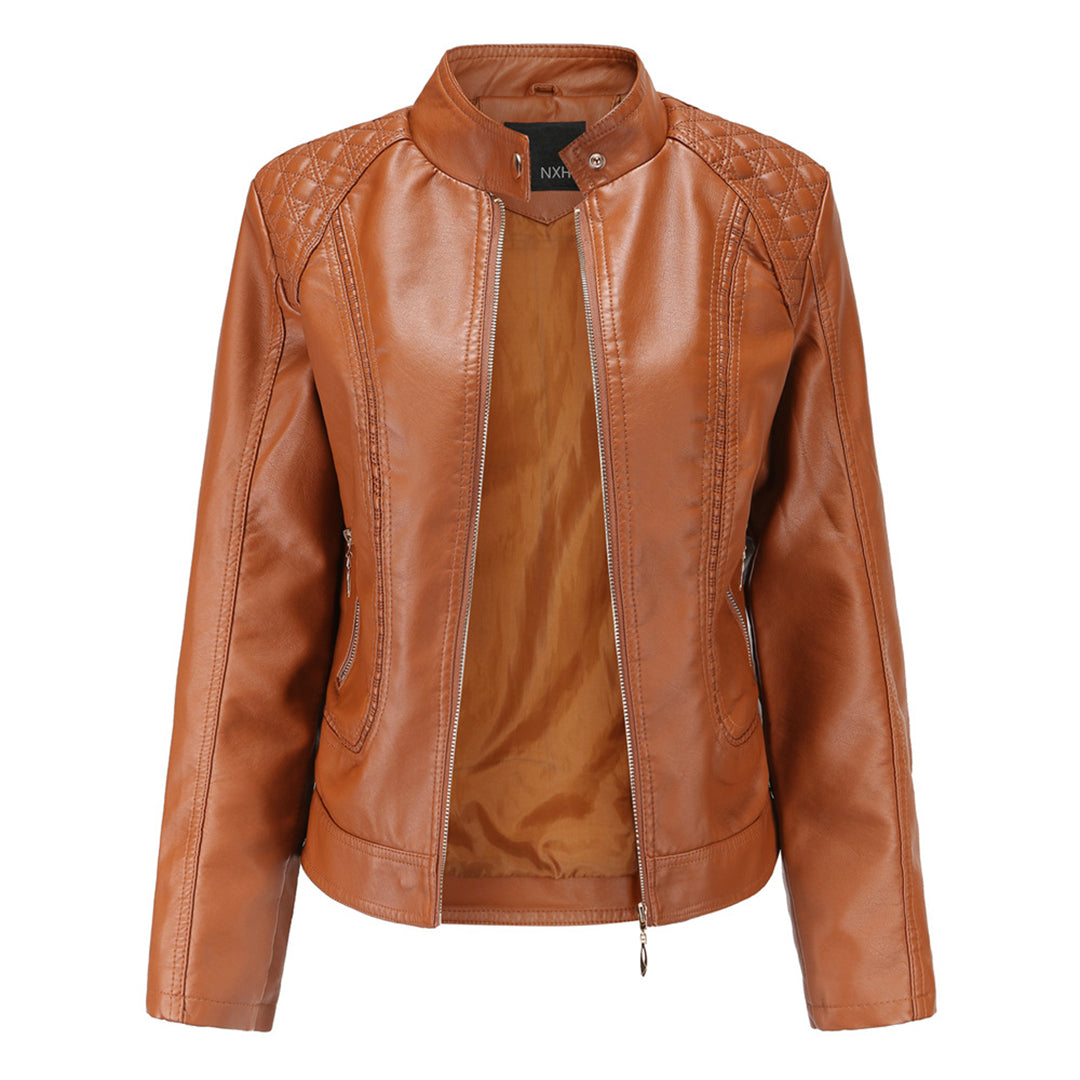 Janiyah Veste Femme en Cuir – Col Montant Chic, Fermetures Éclair & Style Moderne Élégant