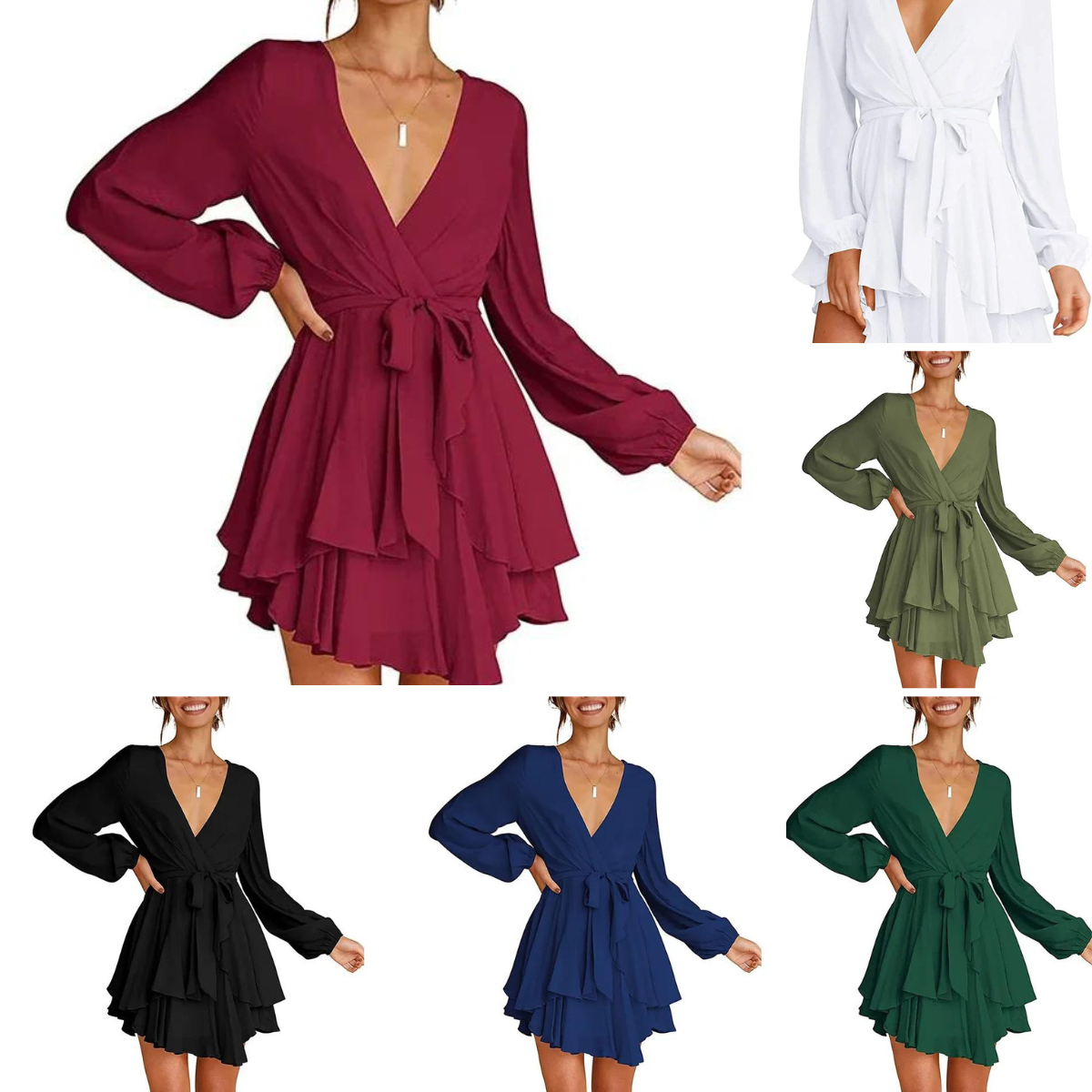 Cléo Robe Femme Courte – Robe Évasée avec Col en V, Ceinture & Manches Longues