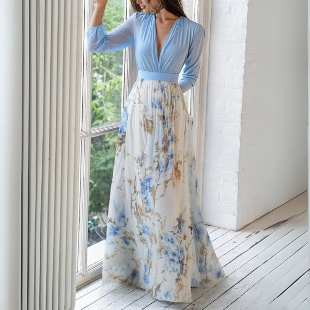 Abito lungo da donna Lily - Stampa floreale blu cielo, tessuto leggero e vestibilità elegante