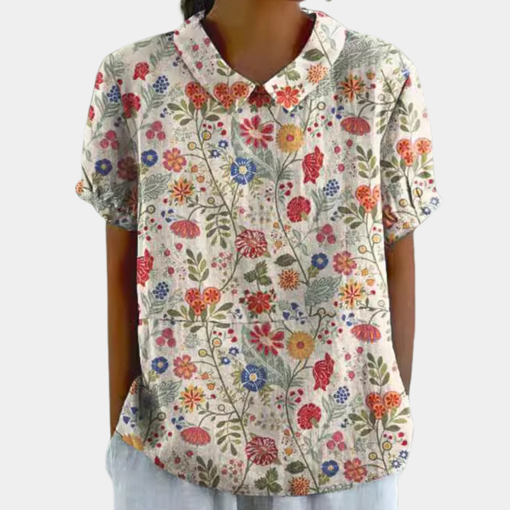 Blusa da donna Bruna - Top casual a maniche corte con stampa floreale pastorale e scollo rotondo
