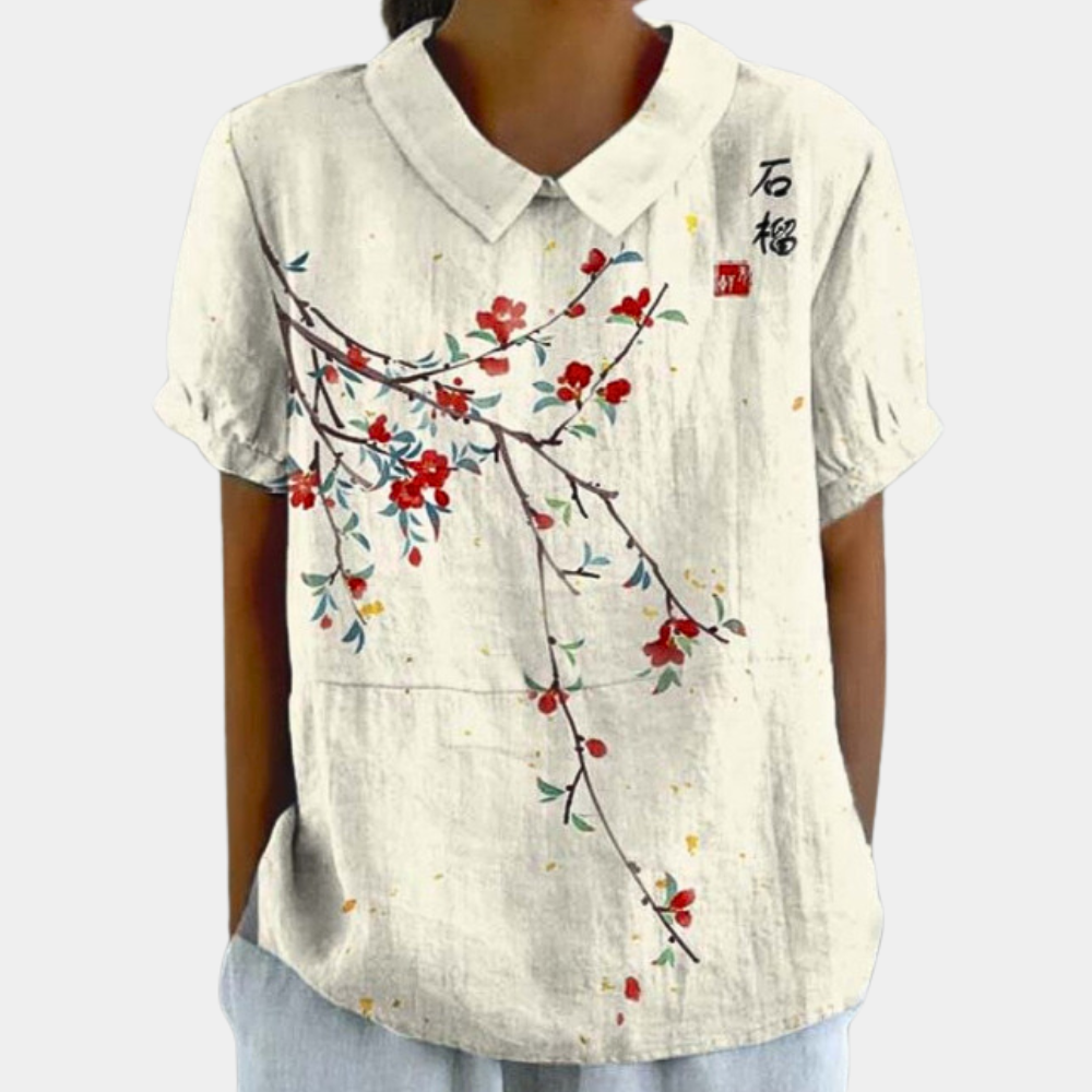 Blusa da donna Bruna - Top casual a maniche corte con stampa floreale pastorale e scollo rotondo