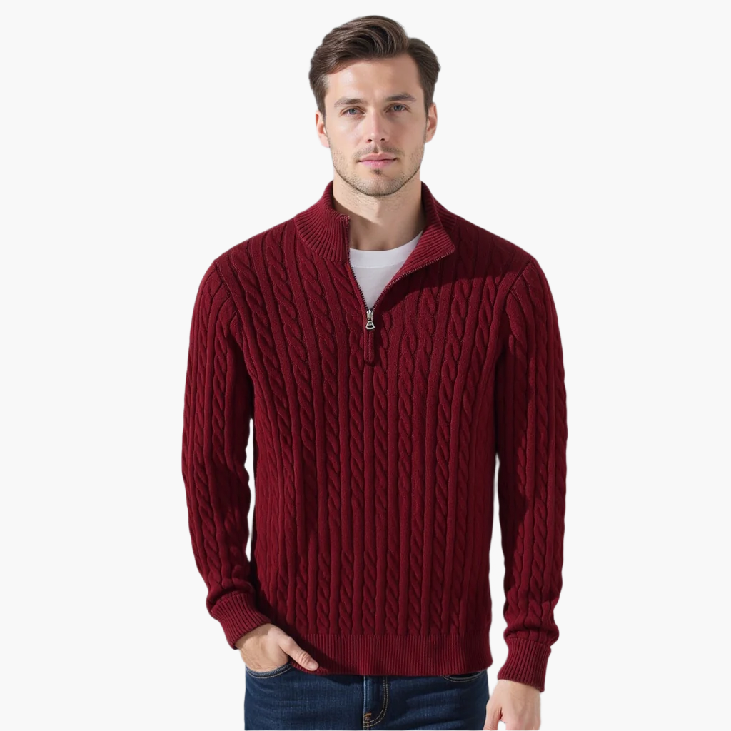 Pull Kiel Homme à Demi-Zip en Maille Torsadée – Pull Élégant à Col Montant en Mélange de Laine au Style Classique