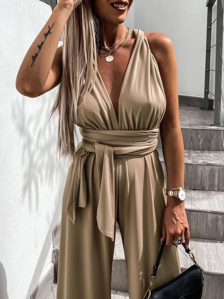 Tuta da donna Adlai - Eleganti pantaloni a gamba larga con schiena scoperta e fasciatura incrociata per matrimonio