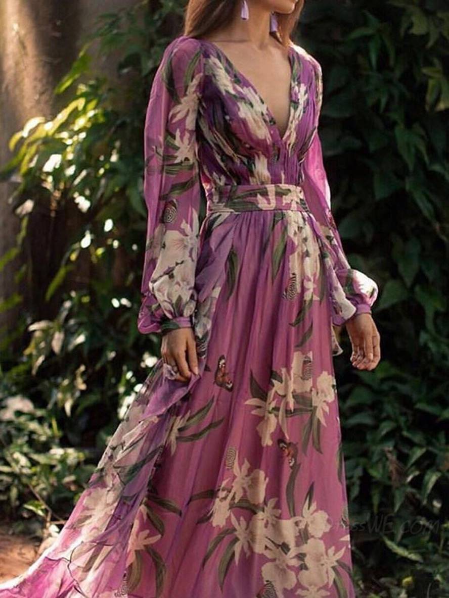 Abito lungo da donna Clea - Elegante abito lungo con stampa floreale, scollo a V e maniche lunghe in viola