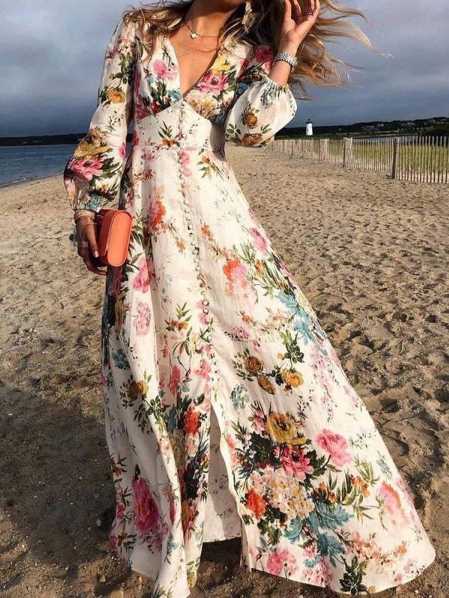 Abito bohémien da donna Sarina - Abito lungo bianco floreale con scollo a V, bottoni e maniche lunghe