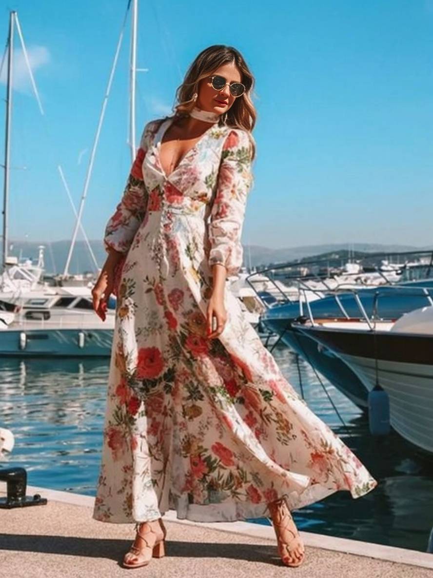 Abito bohémien da donna Sarina - Abito lungo bianco floreale con scollo a V, bottoni e maniche lunghe